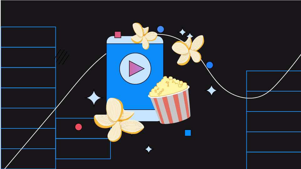 Smartphone che mostra un pulsante di riproduzione, circondato da un cartone di popcorn e petali di fiori stilizzati