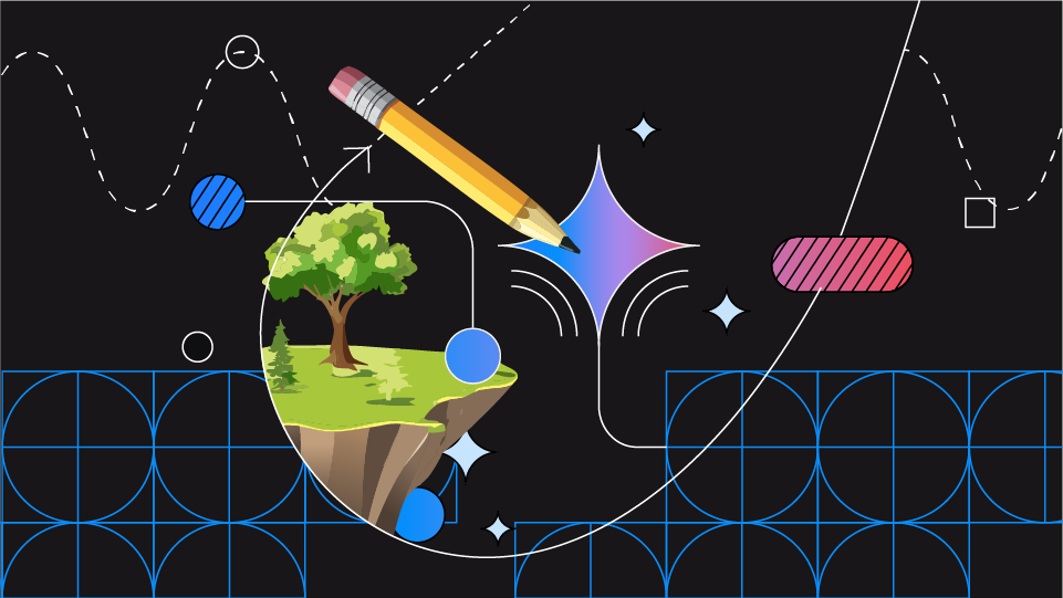 Một chiếc bút chì và phong cảnh cách điệu của một cái cây trên hòn đảo nổi.