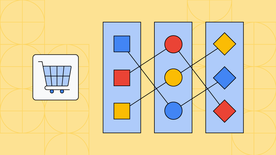 Panier d'achat bleu et ensemble de cercles et de carrés reliés par une série de lignes