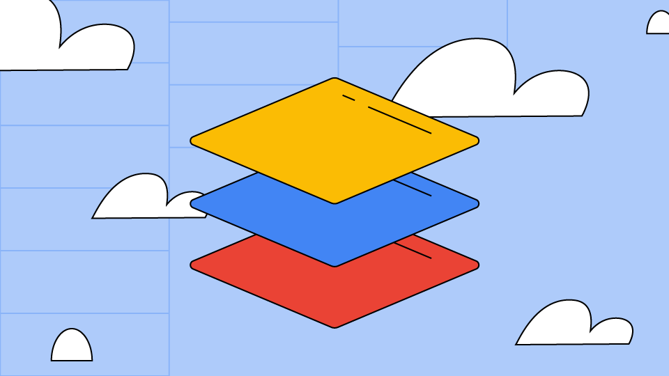 A yellow square, a blue square, and re square hovering inertly in a blue sky with white clouds