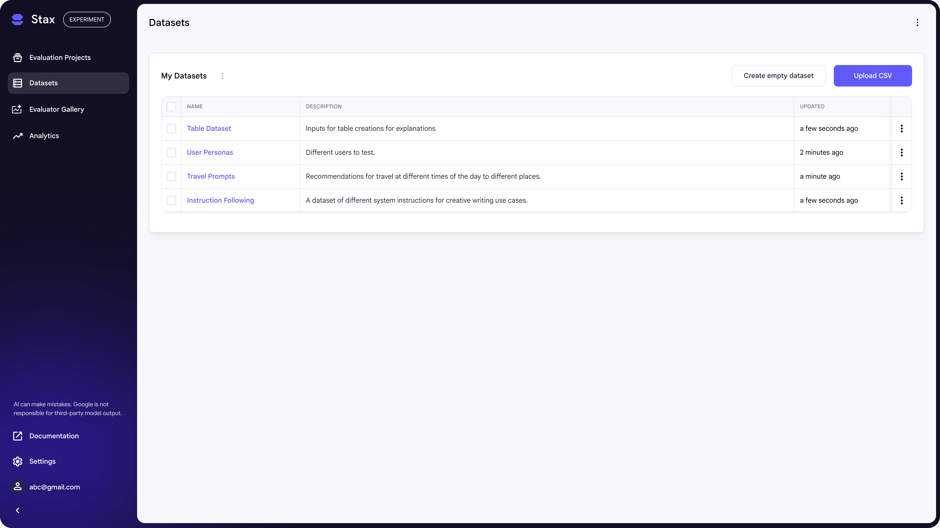 A list of datasets in the Stax interface
