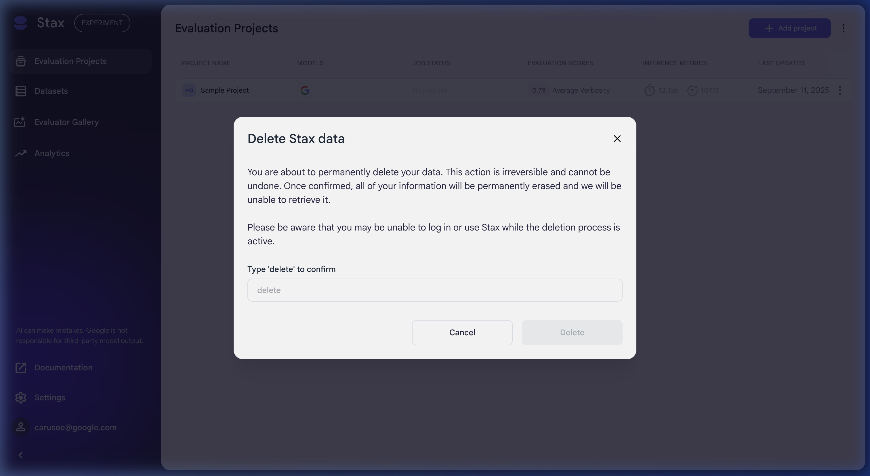 The Delete Stax data confirmation dialog