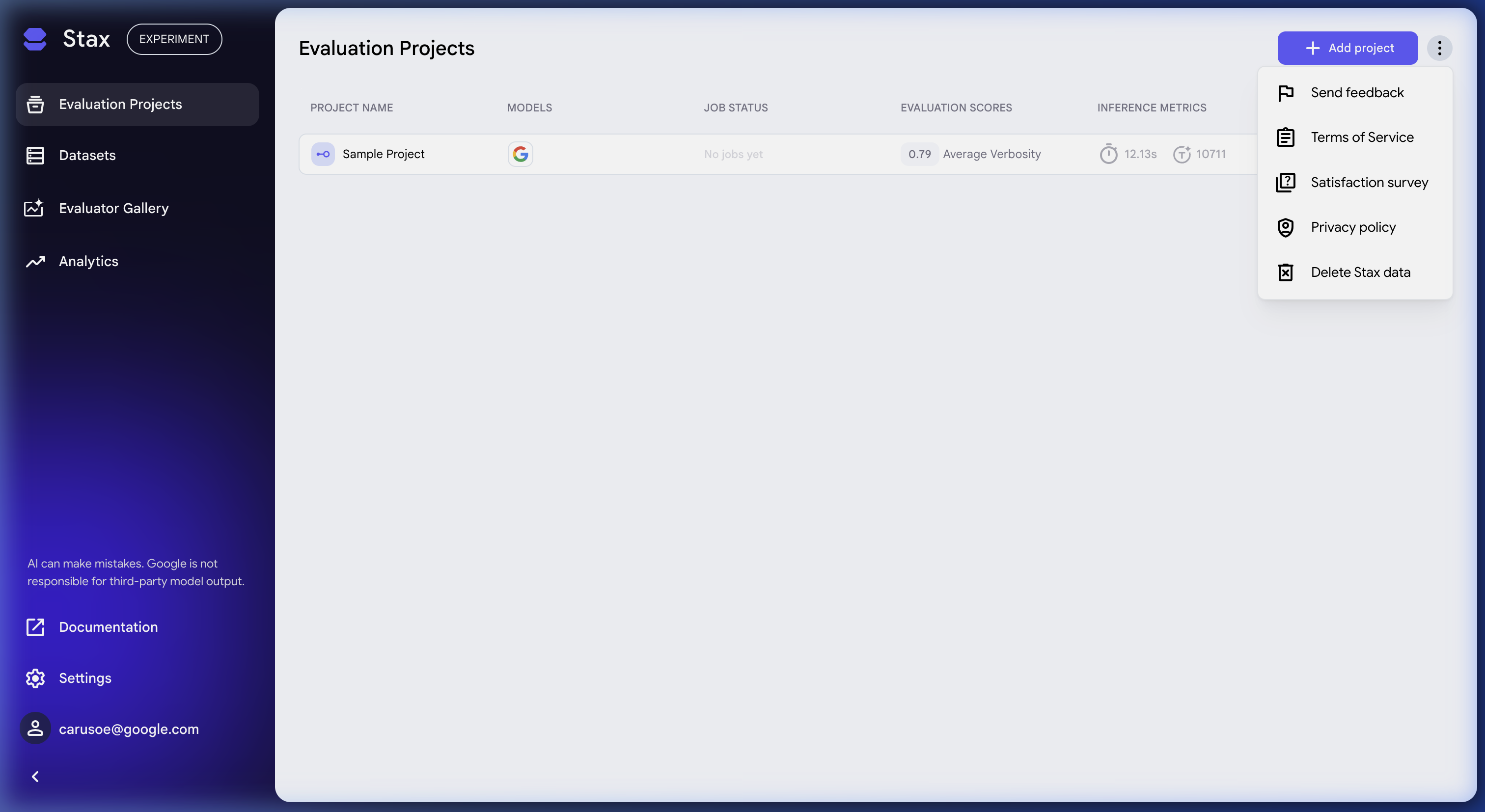 The highest level three-dot menu in Stax showing the Delete Stax data option