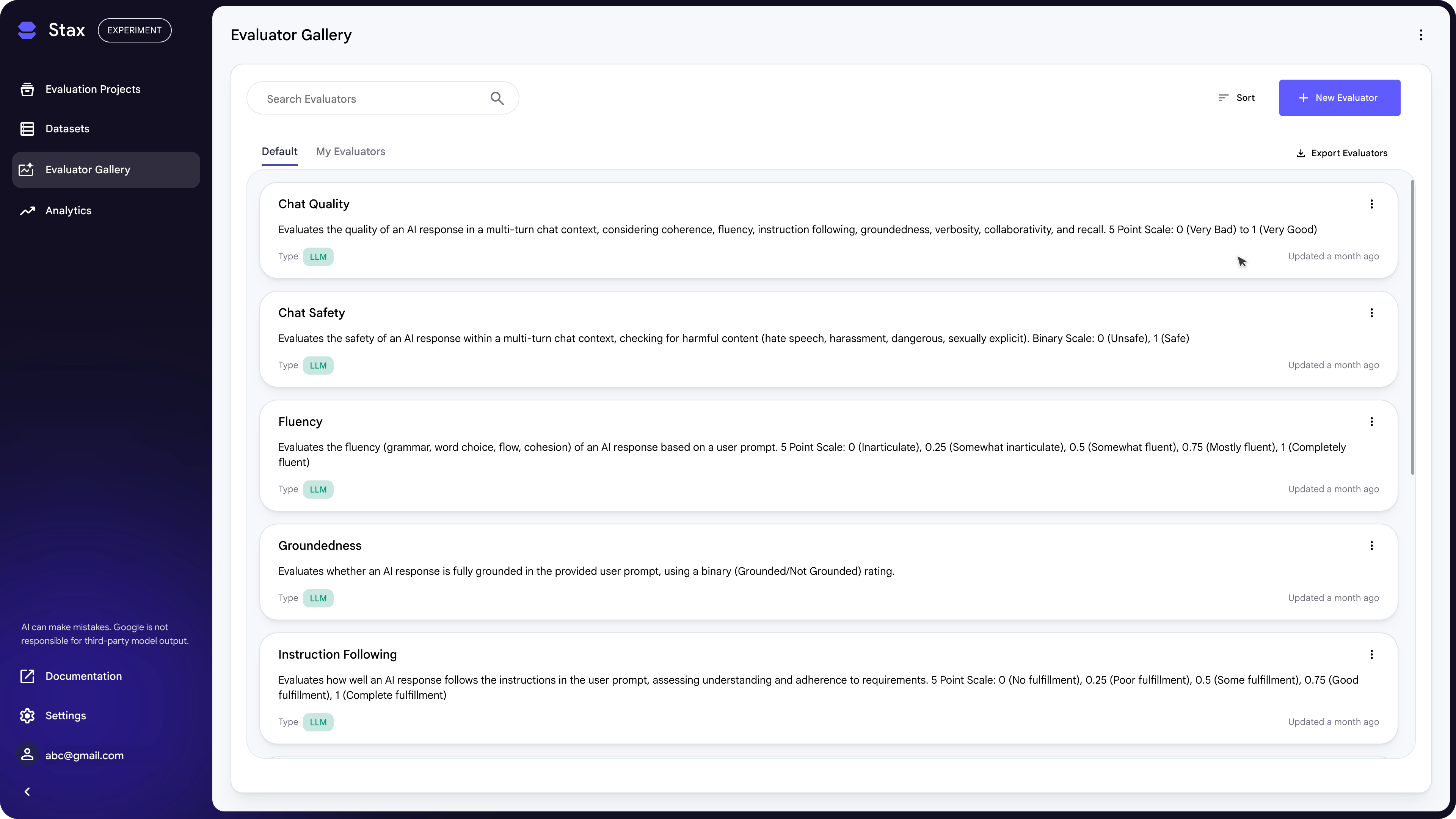 A gallery of evaluators that can be shared