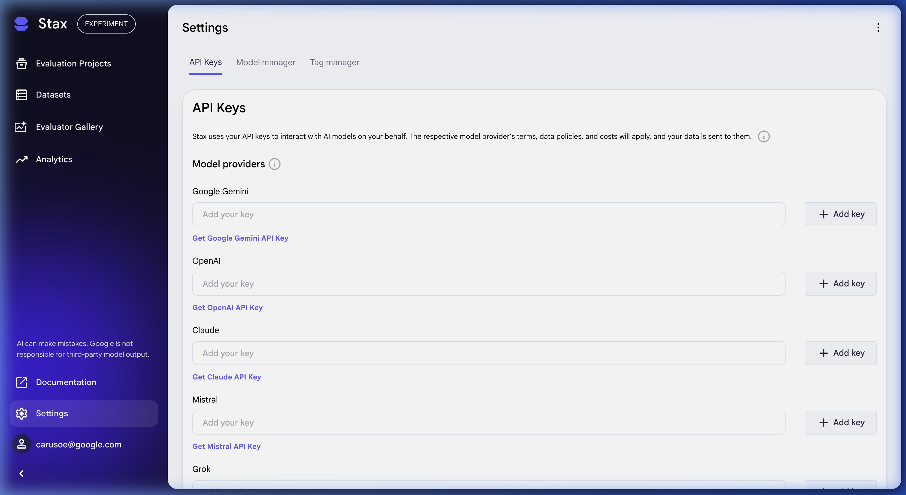 Managing API keys in Stax settings