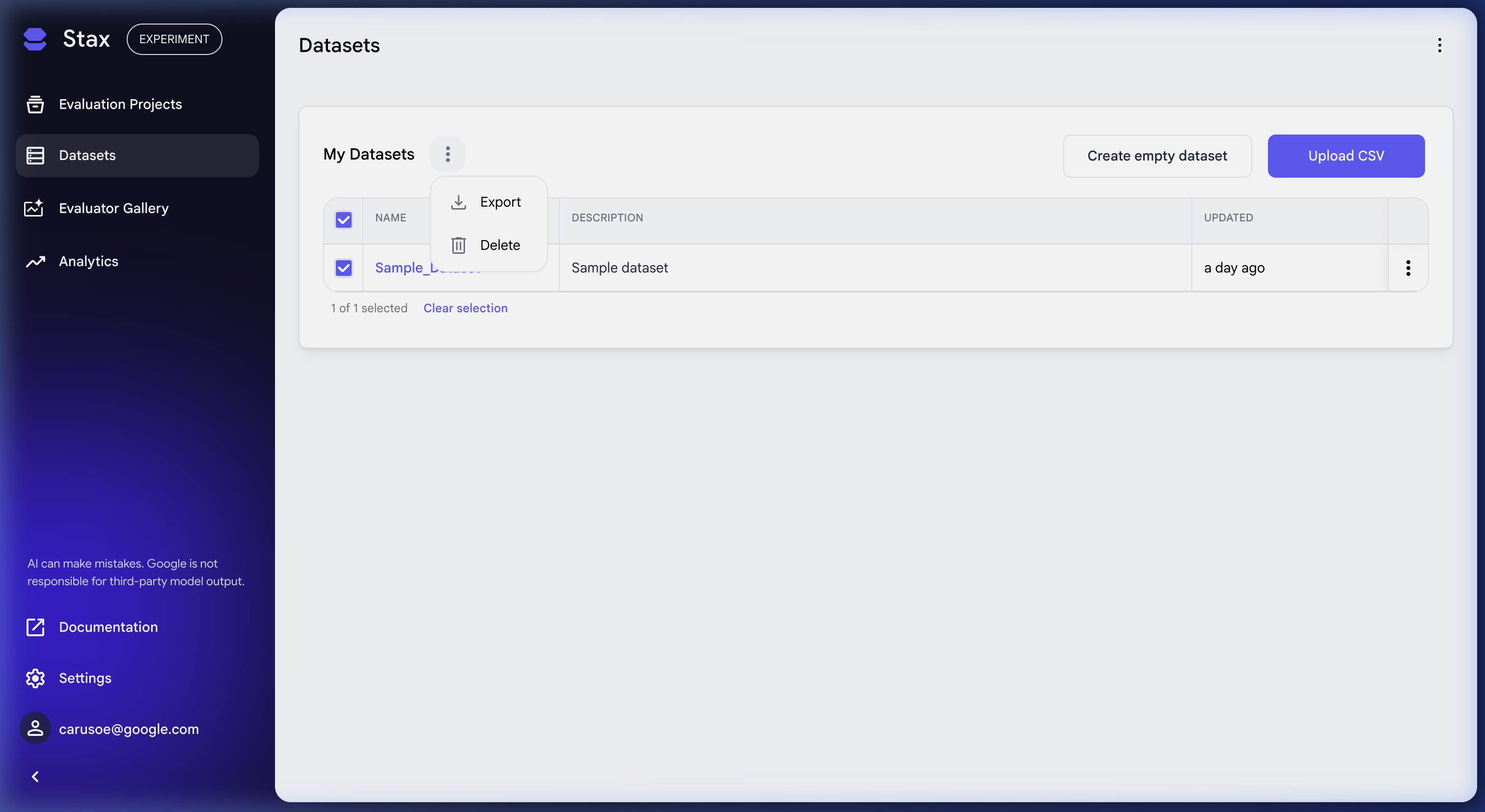 Selecting and exporting all datasets in Stax