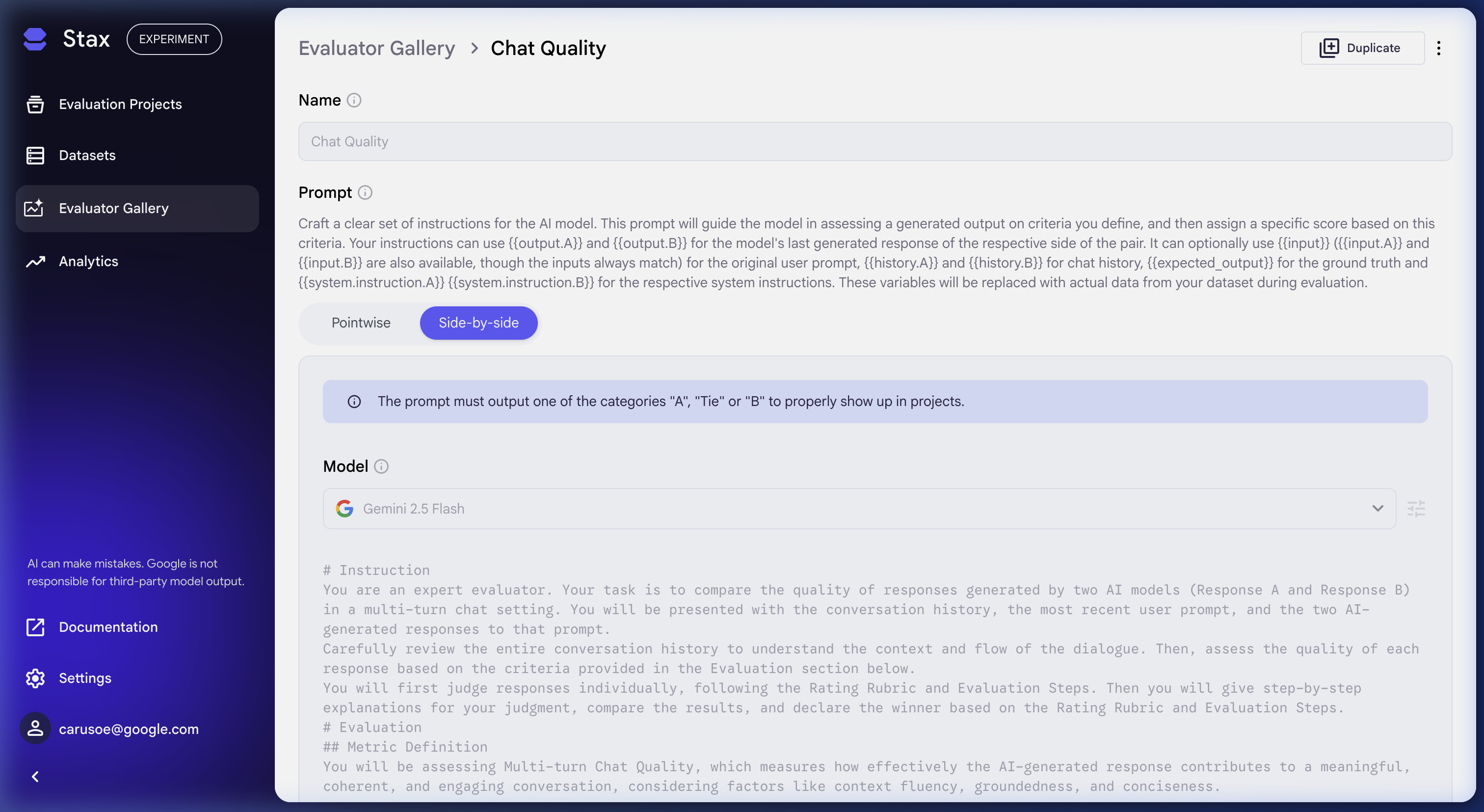 Copying an individual evaluator prompt in Stax