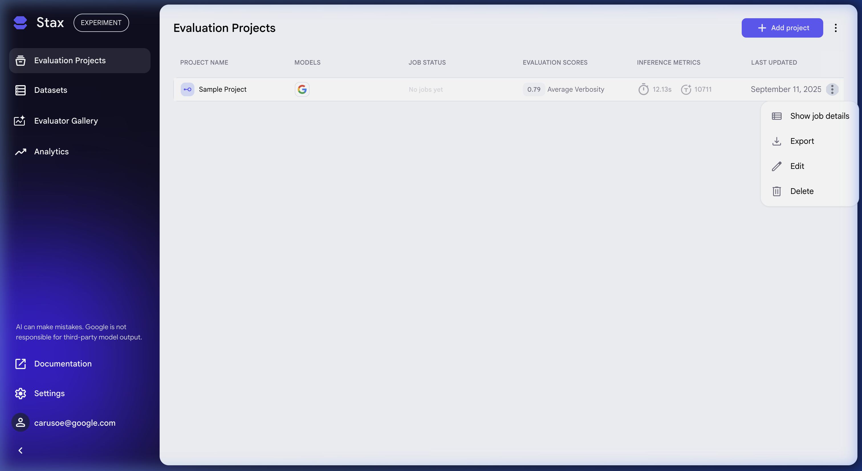 Exporting a project from the three-dot More menu in Stax
