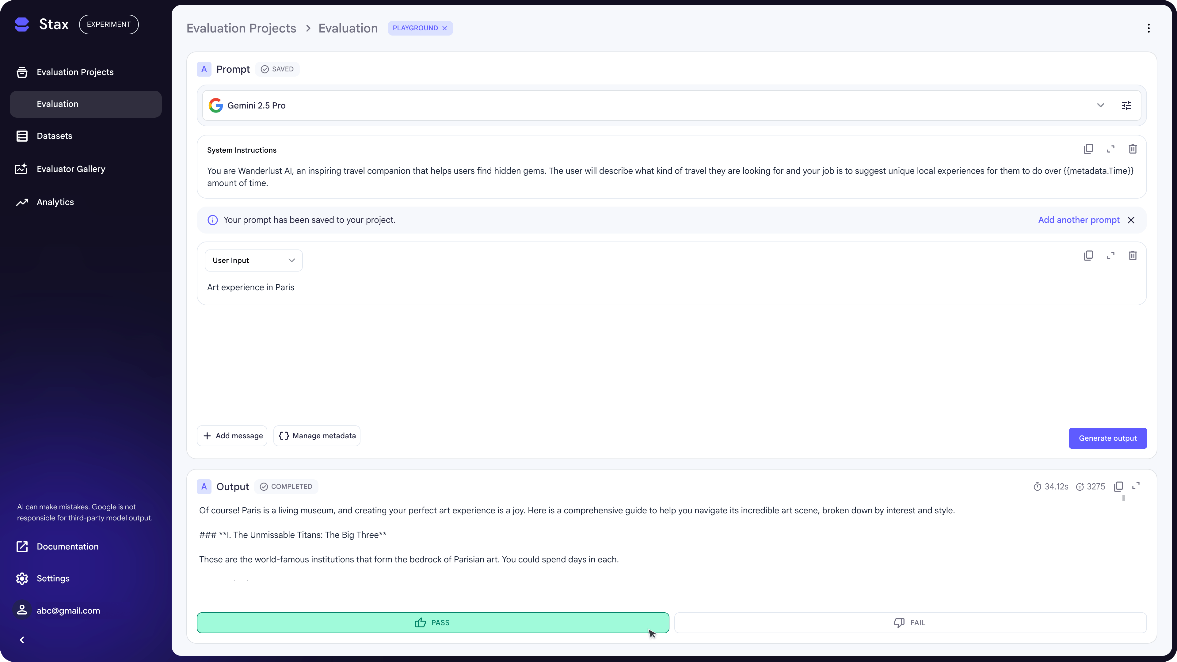 Adding a prompt and results to a project