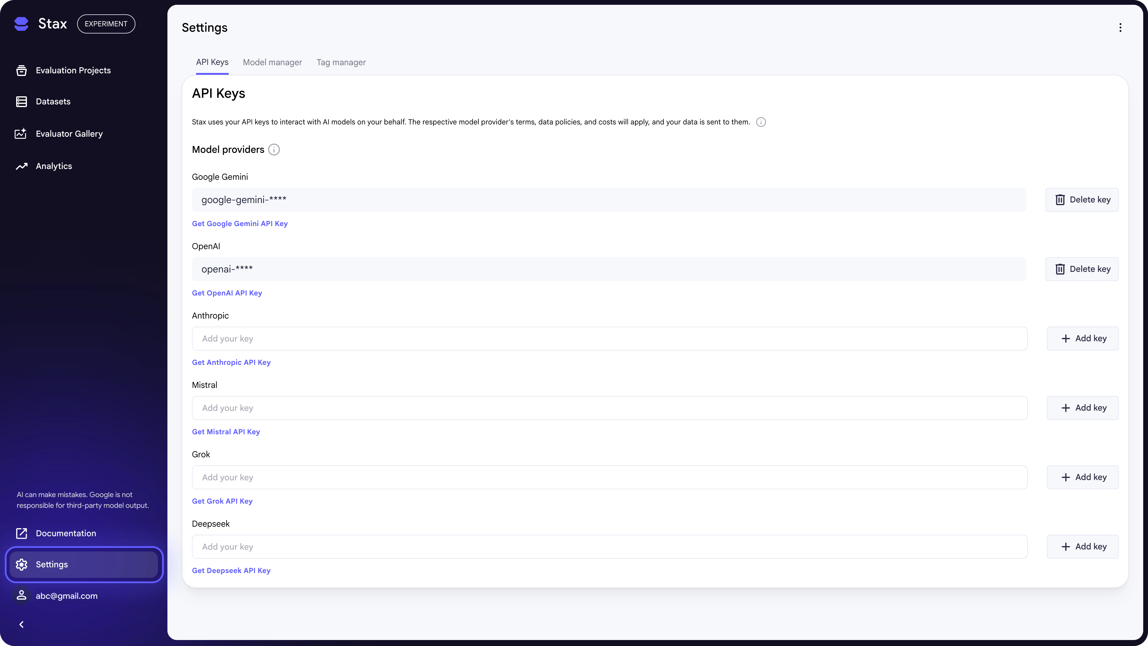 List and management page for API Keys in Stax