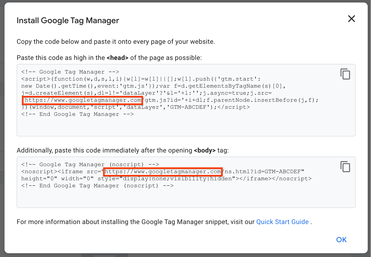 gtm.js と ns.html の挿入に関する Google タグ マネージャー スニペットのスクリーンショット