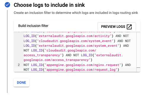 Captura de tela do filtro de inclusão de registros do GCP mostrando a configuração especificada