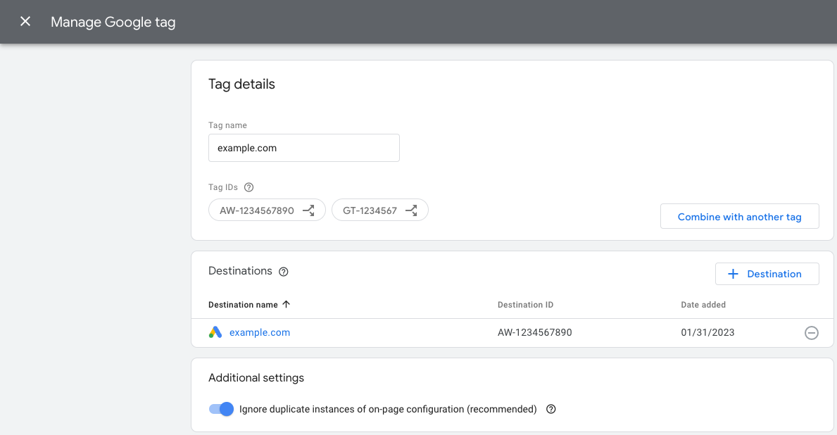 Google Ads में Google टैग दिखाने वाली स्क्रीन. इसमें दो टैग आईडी दिख रहे हैं.