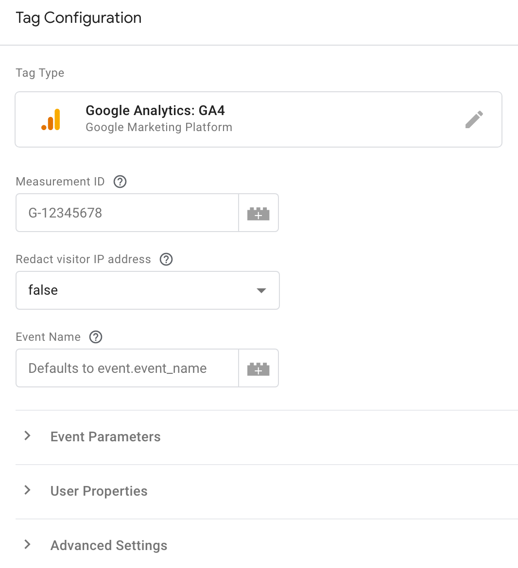 Screenshot of the default GA4 tag settings