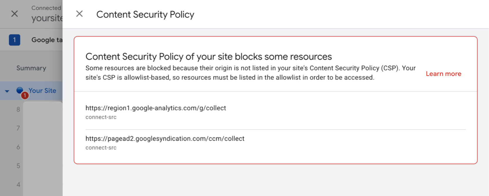 Zrzut ekranu rozszerzenia Tag Assistant pokazujący suwak problemu z zasadami CSP