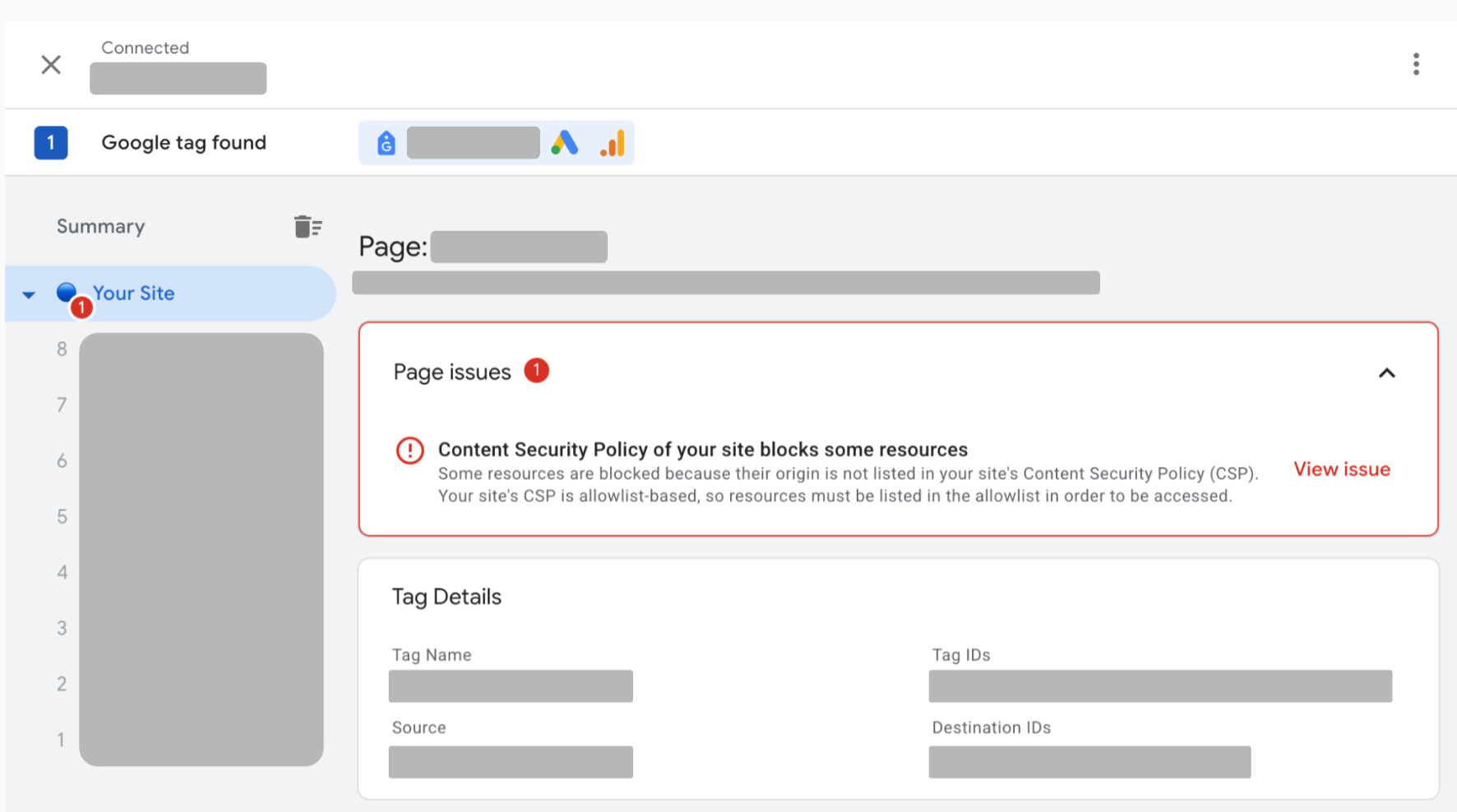 Capture d&#39;écran de Tag Assistant montrant un problème de CSP