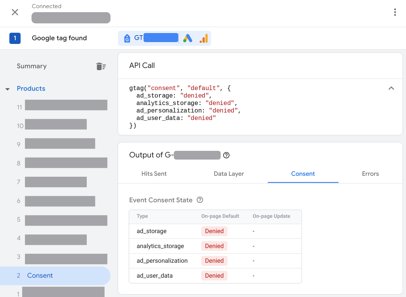 لقطة شاشة لأداة Tag Assistant تعرض إعدادات الموافقة التلقائية