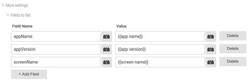 Agrega estos campos: nombre de la app, versión de la app y nombre de la pantalla.