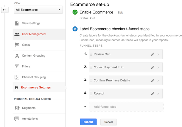 Google Analytics（分析）管理界面中的电子商务设置。某个结账漏斗设定了 4 个步骤：1. 查看购物车；2. 收集付款信息；3. 确认订单详情；4. 收据。