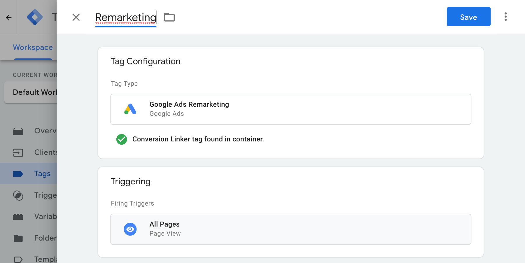 Screenshot, in dem das Feld für den Tag-Namen in "Remarketing" geändert wurde