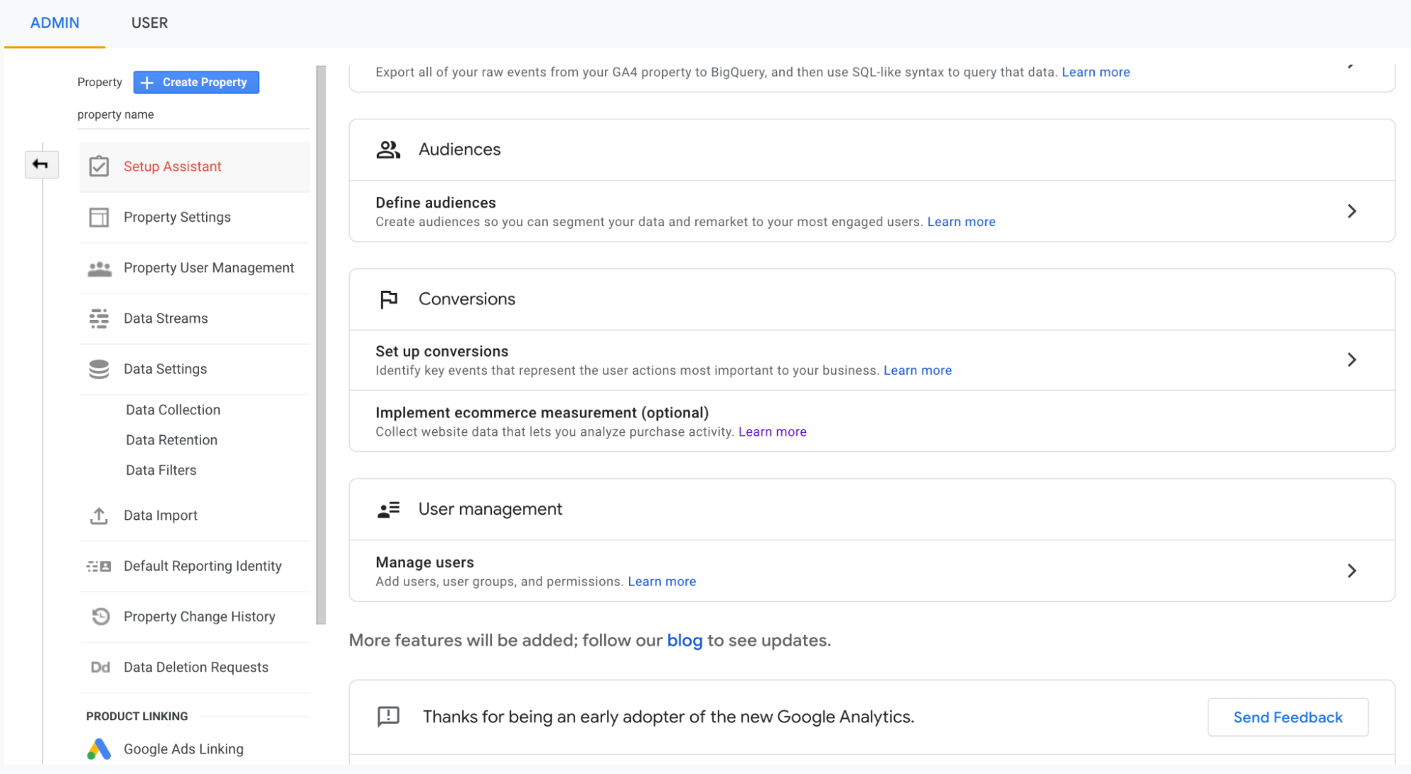 Google Analytics UI - setup assistant page