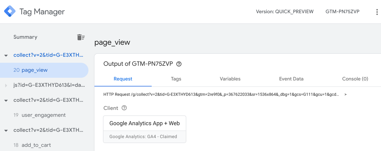 Tag Manager को झलक मोड में दिखाने वाला स्क्रीनशॉट