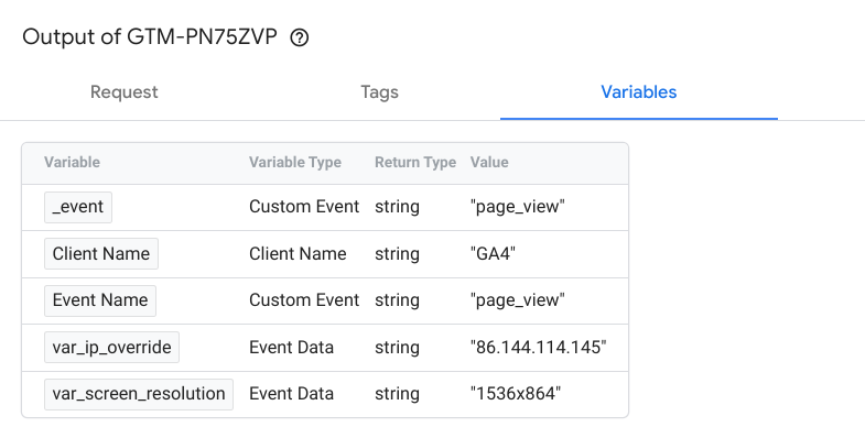 Screenshot showing Tag Manager Variables tab