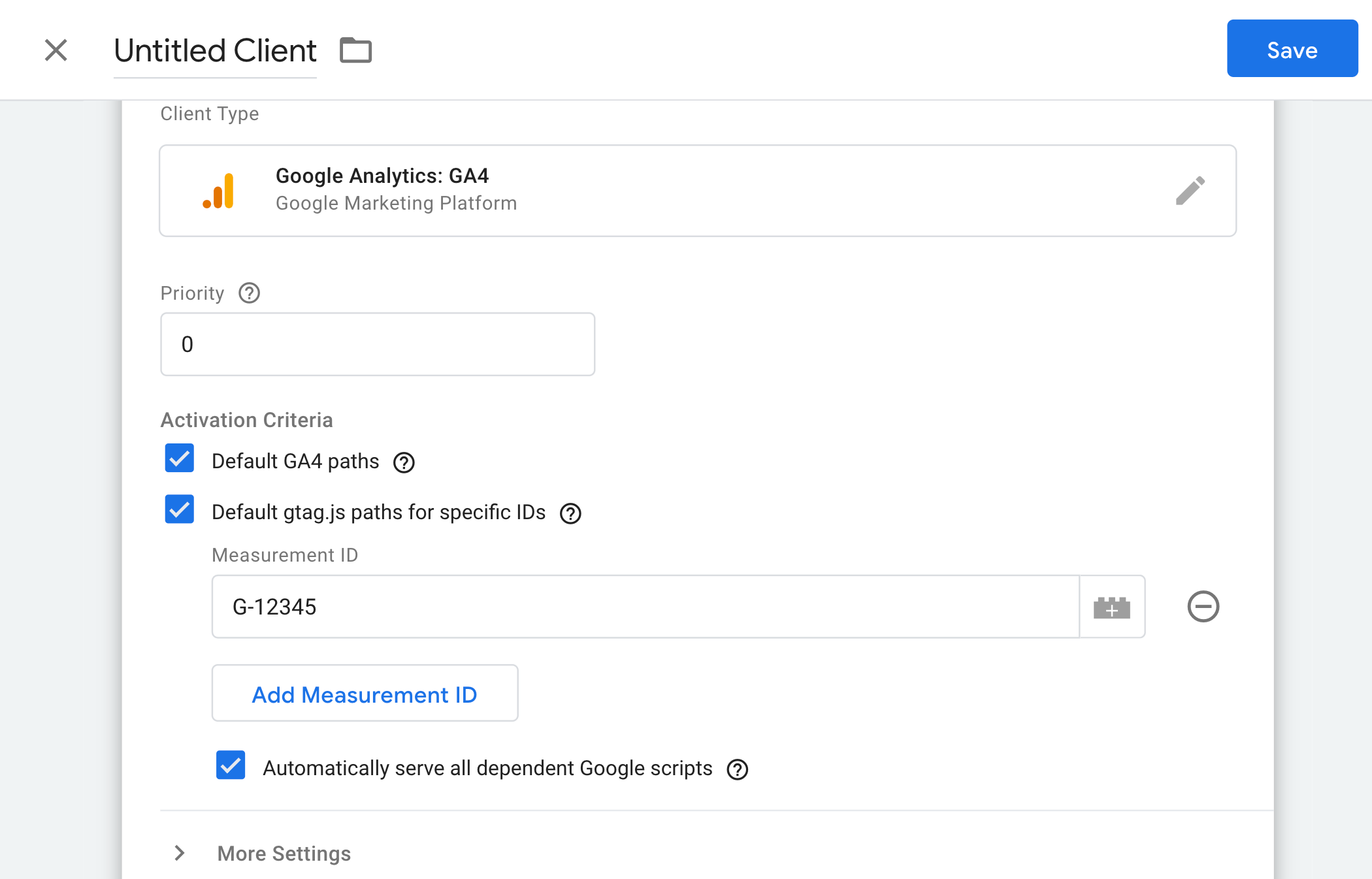 Configuration of Google Analytics: GA4 client