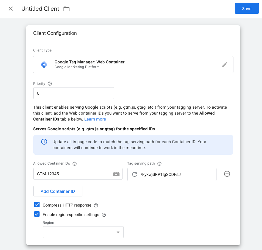 View of the Tag Manager web container client