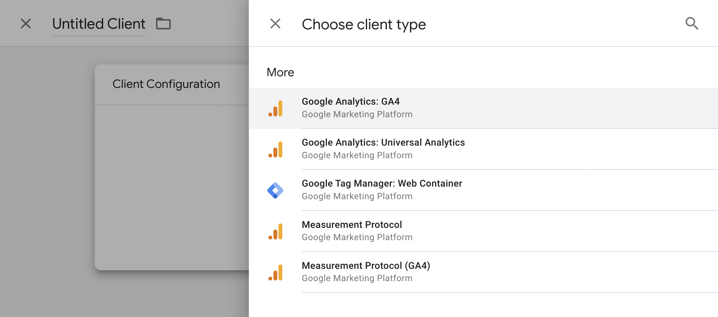 Caixa de diálogo &quot;Escolher tipo de cliente&quot; com o cliente Google Analytics: GA4 destacado