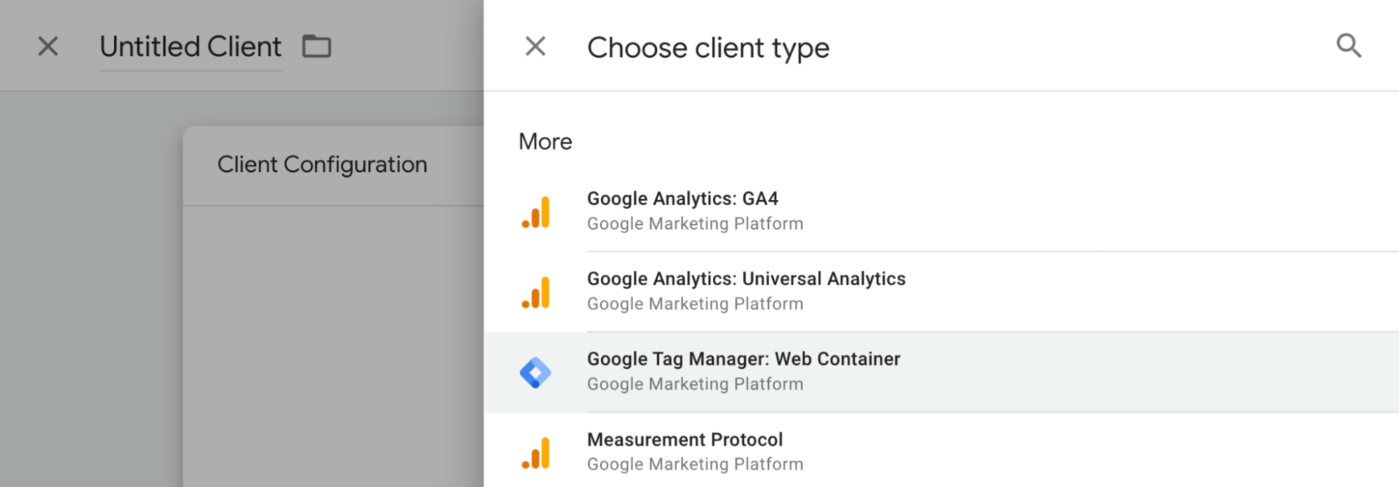 Cuadro de diálogo de selección del tipo de cliente, en el que se resalta el cliente Google Tag Manager: contenedor web