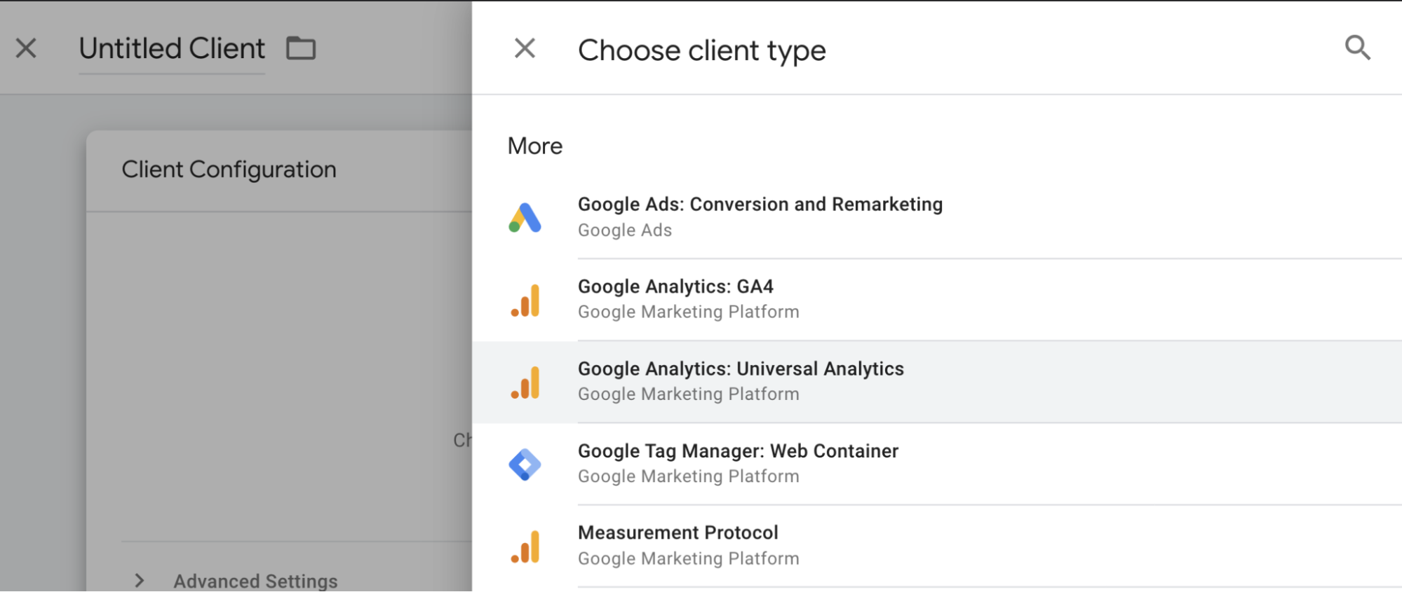Cuadro de diálogo de selección del tipo de cliente, en el que se resalta el cliente Google Analytics: Universal Analytics