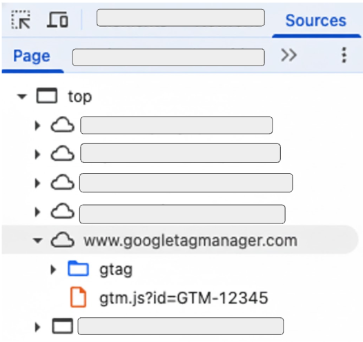 Screenshot of the developer tools with www.googletagmanager.com as the source for Google scripts