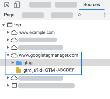 Screenshot degli strumenti per sviluppatori con www.googletagmanager.com come fonte per gli script Google