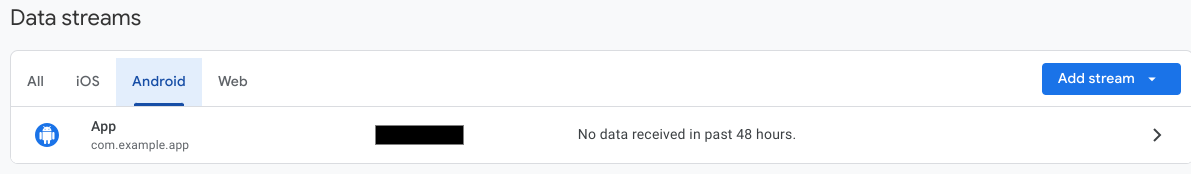 Image showing the Data streams page in Google Analytics
