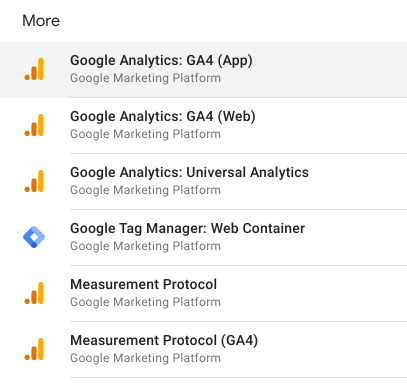 Image montrant l&#39;option de client &quot;Google Analytics : GA4 (application)&quot; dans Tag Manager