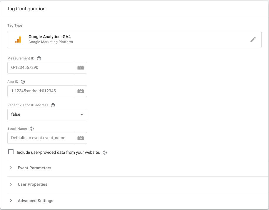Imagen que muestra la configuración de la etiqueta Google Analytics: GA4 en Tag Manager