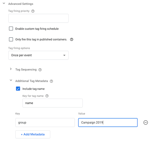 Screenshot dell'interfaccia utente di Tag Manager, che mostra la posizione della sezione Metadati tag aggiuntivi