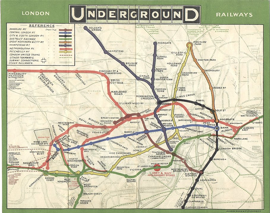 Complex map of the 1908 London Tube that includes above ground roads