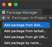 Screenshot of Unity Package Manager Window with the "Add package from disk" dropdown item selected