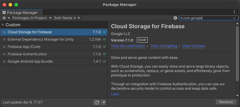 Unity Package Manager ウィンドウのスクリーンショット