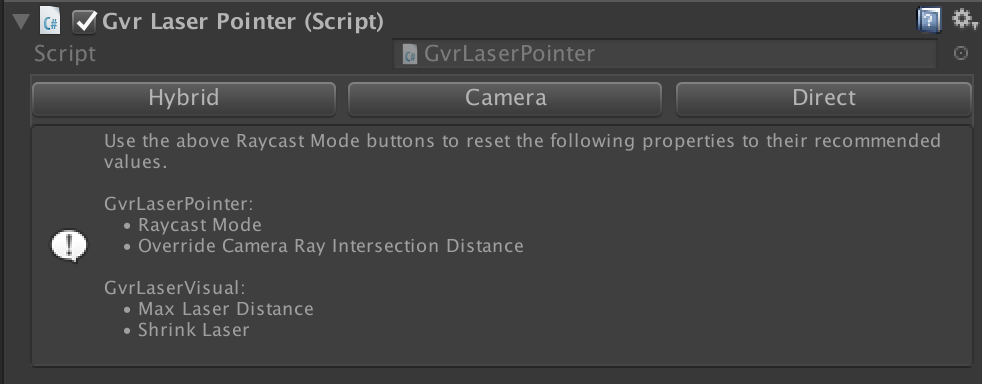 GvrLaserPointer Raycast Mode selection buttons