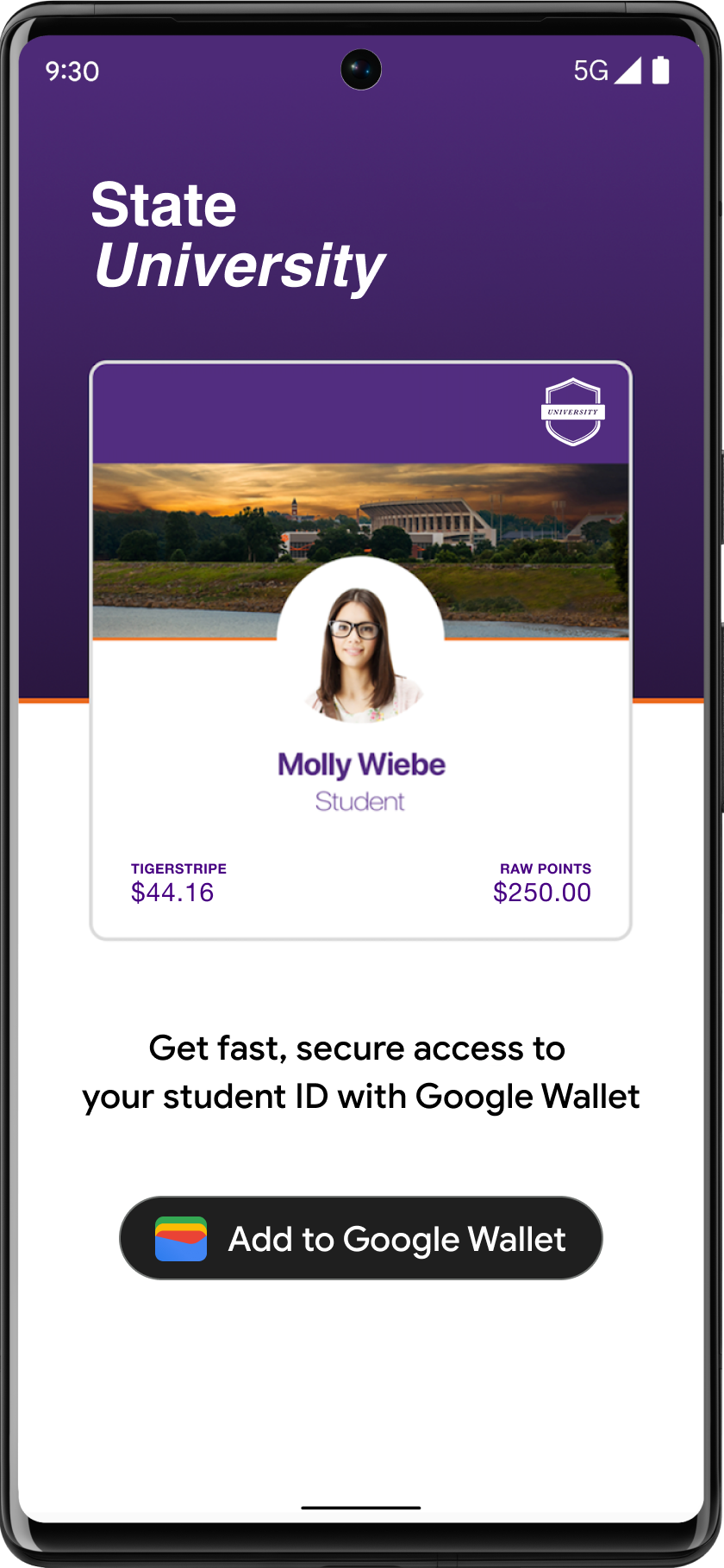 Botón Agregar a la Billetera de Google que se destaca en la app de la cuenta de estudiante.