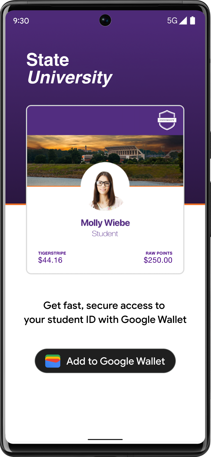 دکمه افزودن به Google Wallet که به طور برجسته در دانش آموز قرار گرفته است برنامه حساب کاربری