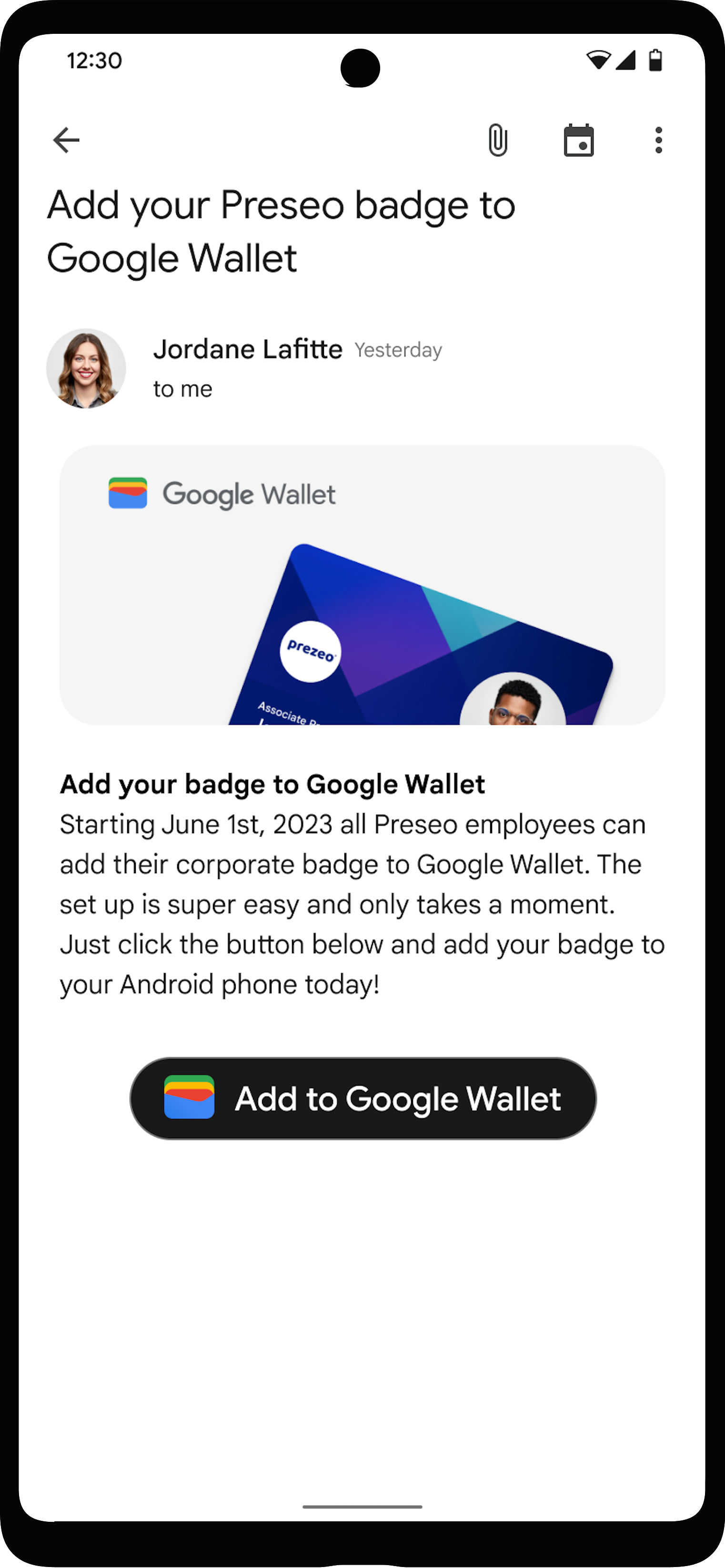 Die Schaltfläche „Zu Google Wallet hinzufügen“ ist in der App des Nutzerkontos gut sichtbar platziert.