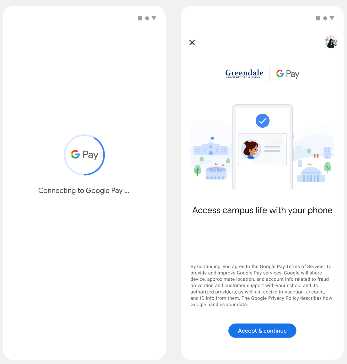 Na pierwszym ekranie aplikacja łączy się z Portfelem Google. Na drugim ekranie użytkownik akceptuje Warunki korzystania z usługi i kontynuuje.