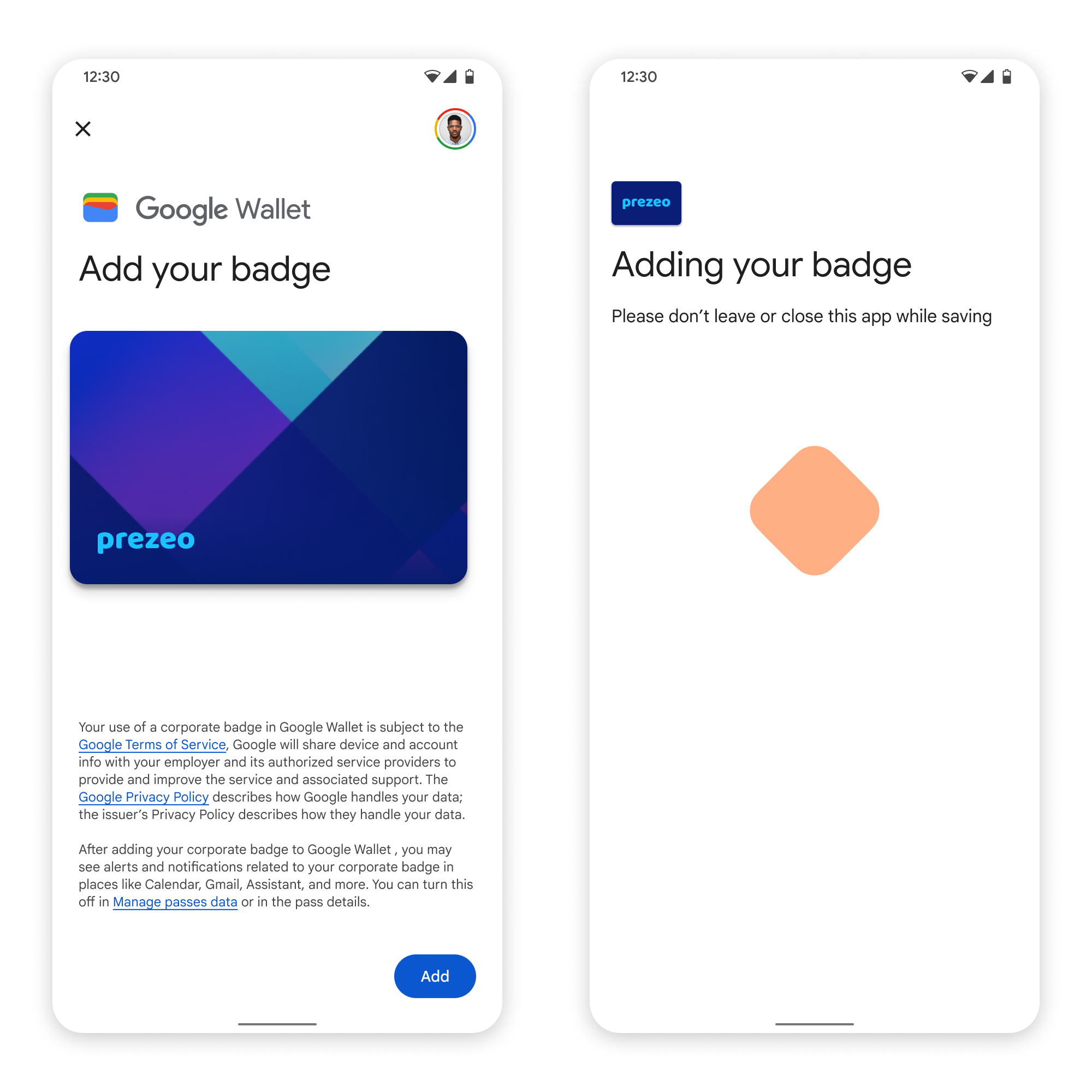 ในหน้าจอแรก แอปจะเชื่อมต่อกับ Google Wallet ใน
       หน้าจอที่ 2 ผู้ใช้ยอมรับข้อกำหนดในการให้บริการและดำเนินการต่อ