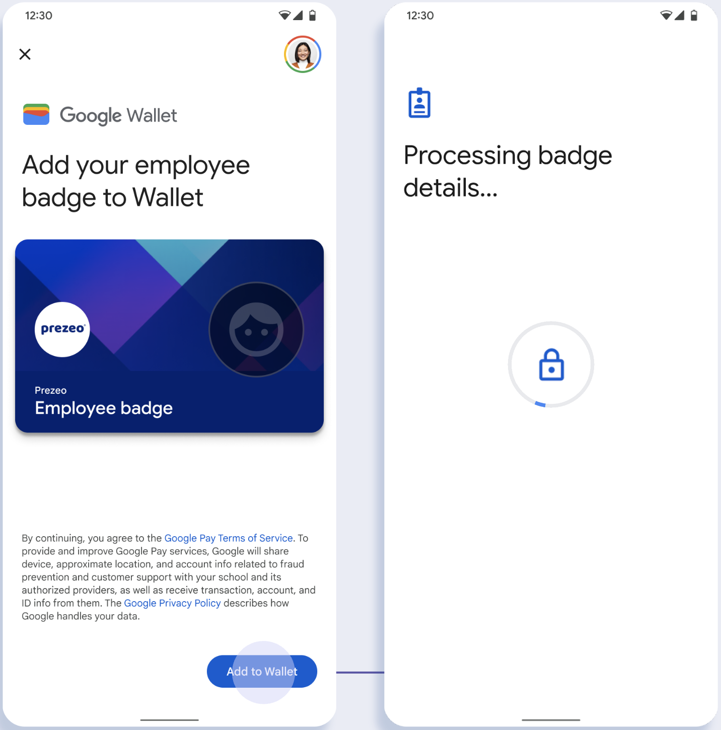 Trong màn hình đầu tiên, ứng dụng sẽ kết nối với Google Wallet. Trong màn hình thứ hai, người dùng chấp nhận Điều khoản dịch vụ và tiếp tục.