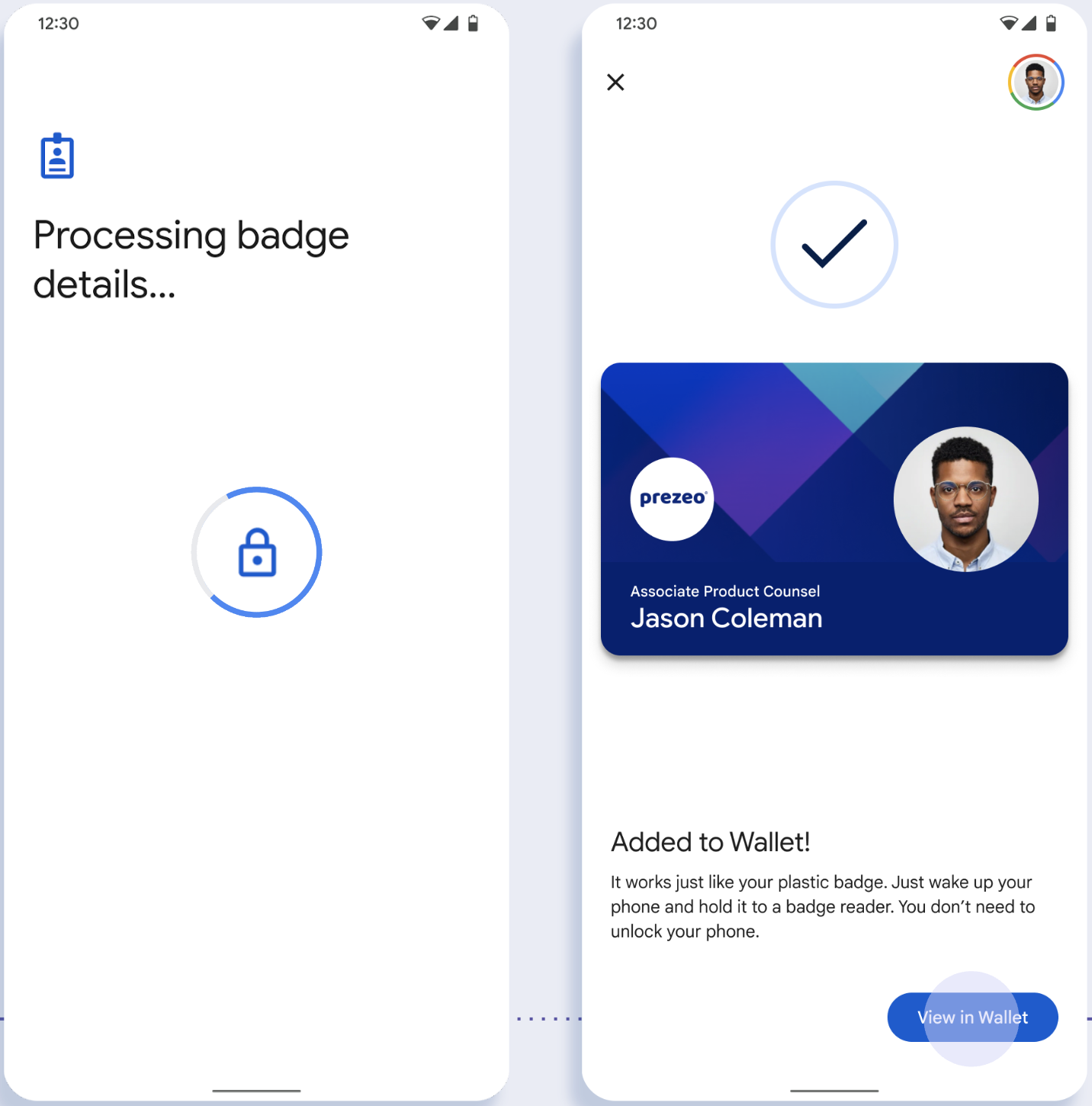 In the first screen, the app saves the ID to the user's phone. In
            the second screen, the ID is saved and a success message appears.