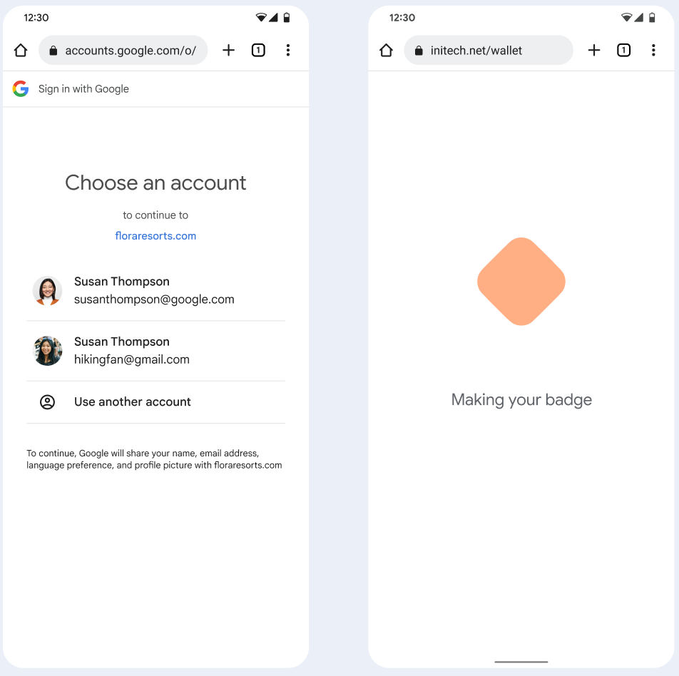 Na primeira tela, o usuário escolhe uma Conta do Google para vincular à
      chave multifamiliar. Na segunda tela, o usuário vê uma
      tela de carregamento.